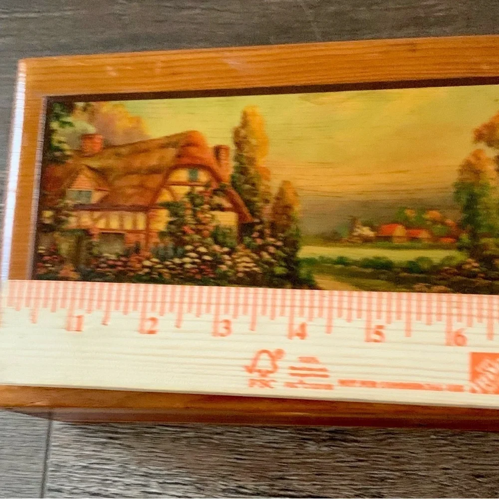 Vintage cedar wood box with picture of English cottage